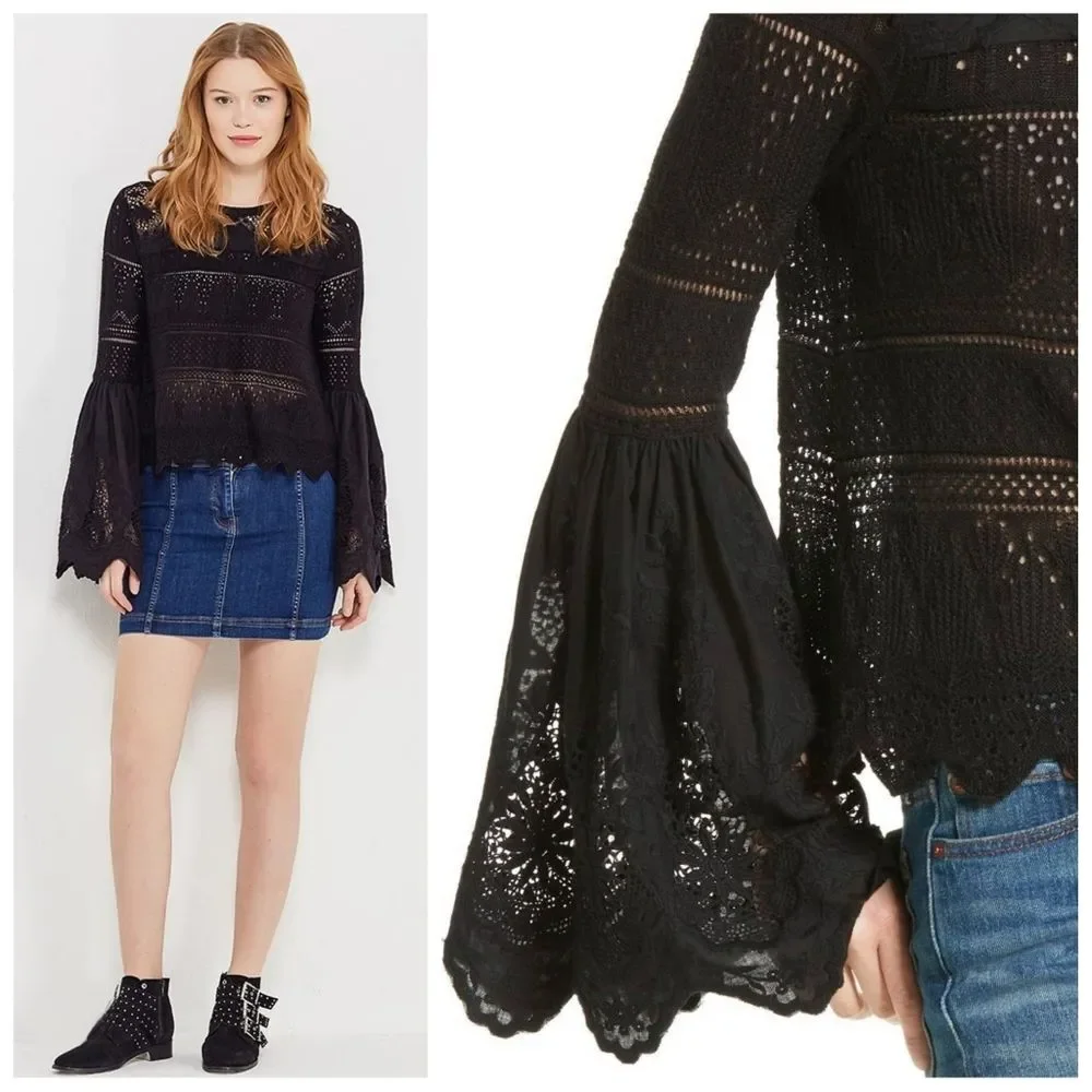 Free People|Once Upon-A-Time Black Bell Sleeve Lace Top, XS